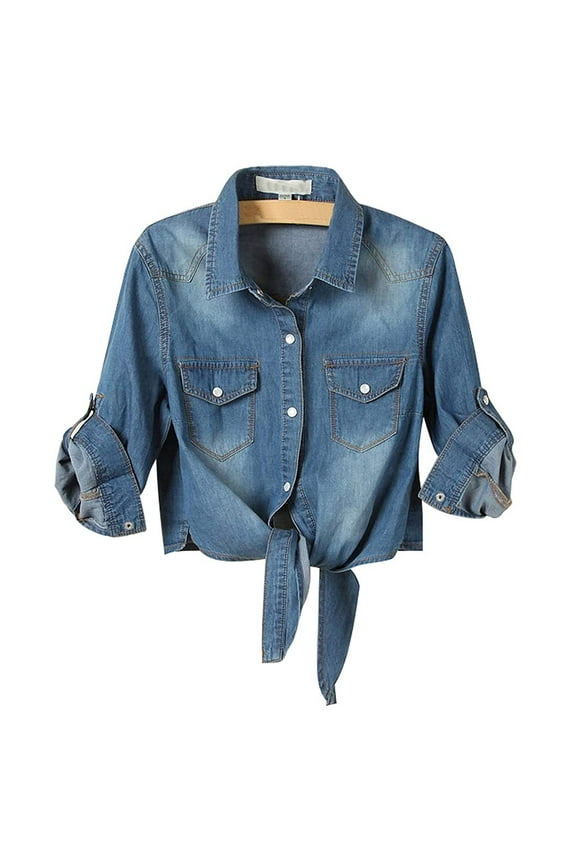 Crop Tops for Women Three Quarters Sleeve Button Down Jean Top Knot Tie Denim Shirt Jackets