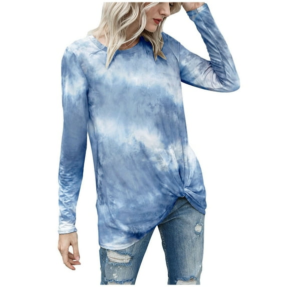 hgsbede Fall Clothes for Women 2022 Women's Fashion Casual Tie-Dye Crewneck Long Sleeve Knot Loose Pullover Tops