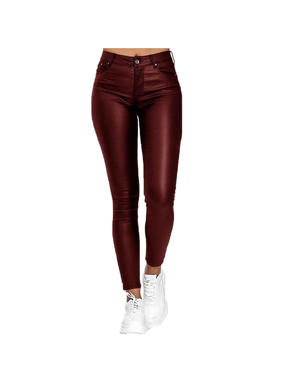 Leggings for Women Solid Pockets Button High Waist Faux Leather Long Pants