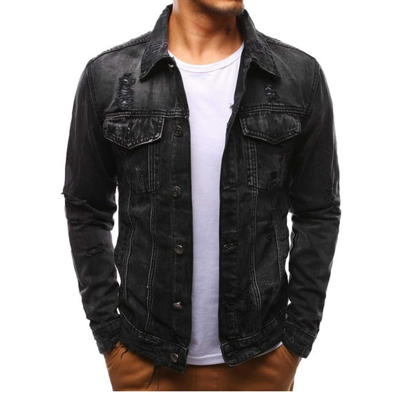 hgsbede Men's Button Solid Color Hole Vintage Denim Jacket Tops Blouse Coat