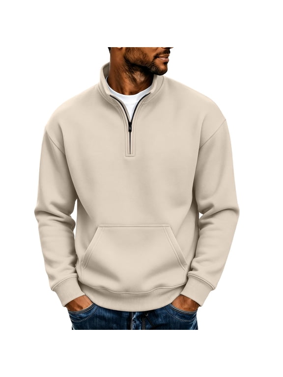 Men's Half Zip Stand Collar Long Sleeve Sweatshirt with Kangaroo Pocket Solid Color Casual Pullover Top