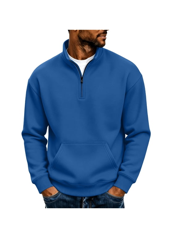 Men's Half Zip Stand Collar Long Sleeve Sweatshirt with Kangaroo Pocket Solid Color Casual Pullover Top