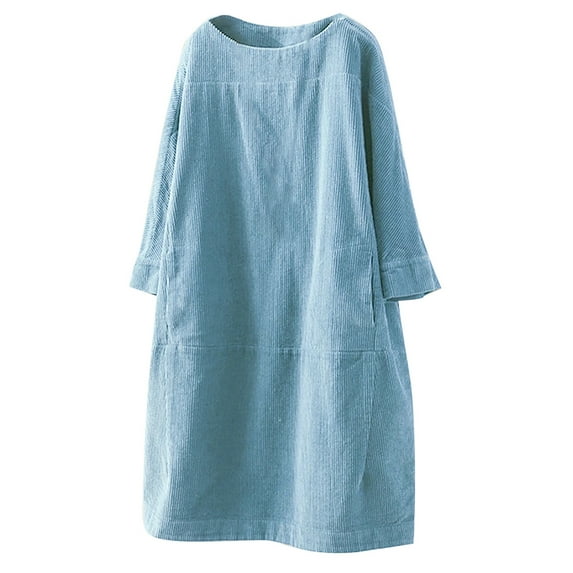 hgsbede Plus Size Women Leisure Vintage Corduroy Long Sleeve Dress with Pockets Loose Solid Dress