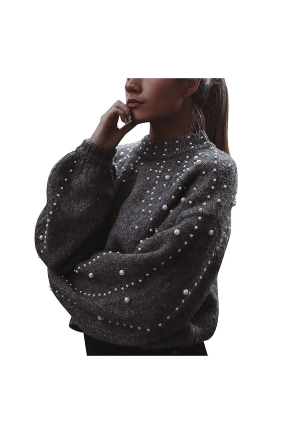 Sweaters for Women Winter Gray O Neck Long Sleeve Pearl Knitted Sweater Blouse Pullovers