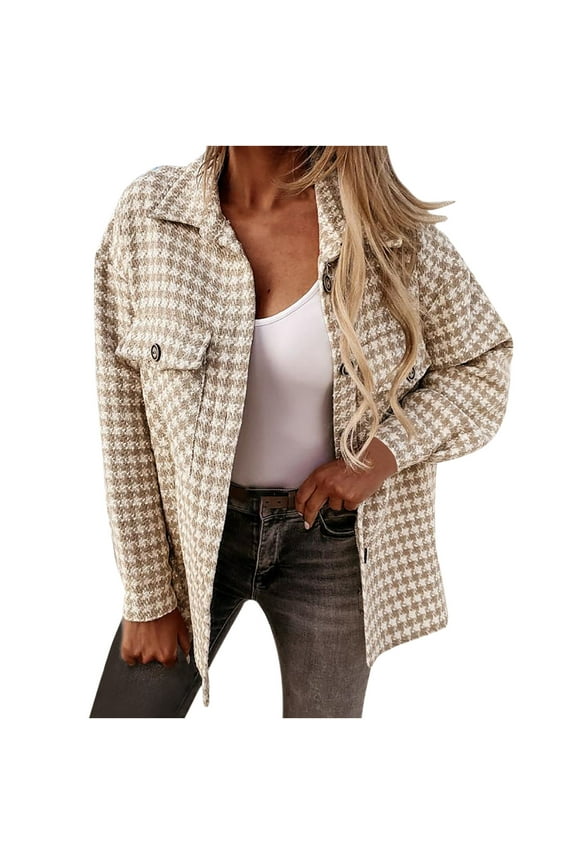 Women Coats Plus Size Clearance Women Autunm and Winter Houndstooth Printed Long Sleeve Turn-down Collar Suit Cardigan Woolen Coat Tops