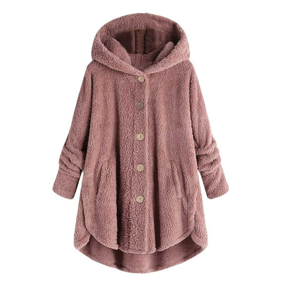 hgsbede Women Coats Plus Size Clearance Women Plus Size Button Plush Tops Hooded Loose Cardigan Wool Coat Winter Jacket