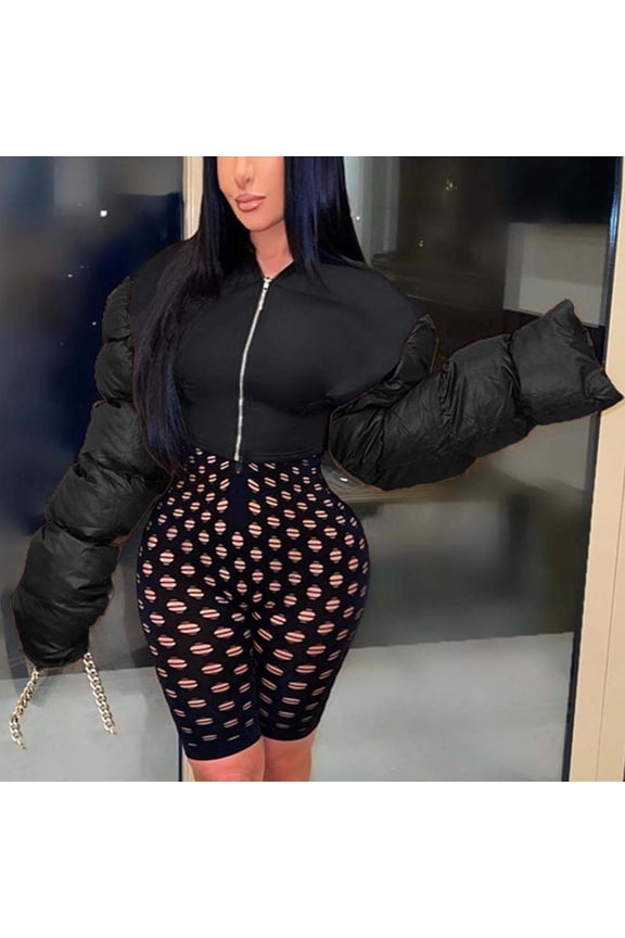 Women Jacket Down Padded Solid Jacket Zipper Slim Fit Warm Patchwork Jacket