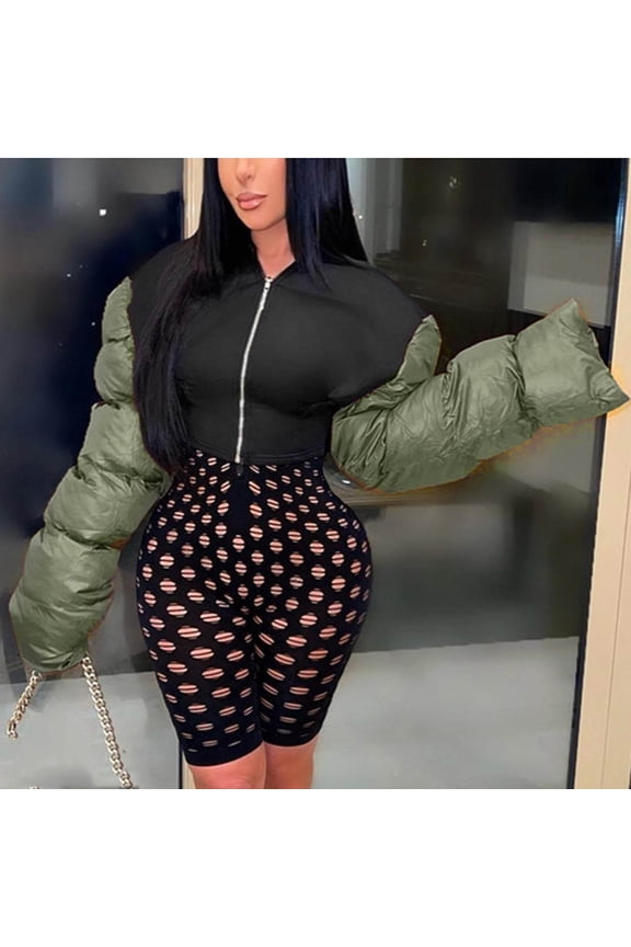 Women Jacket Down Padded Solid Jacket Zipper Slim Fit Warm Patchwork Jacket