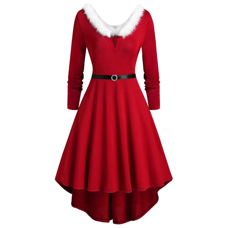 hgsbede Women Plus Size Christmas Dress Solid Faux Furry Dresses Long  Sleeve V-Neck Draw Back Swing Dress - Walmart.com