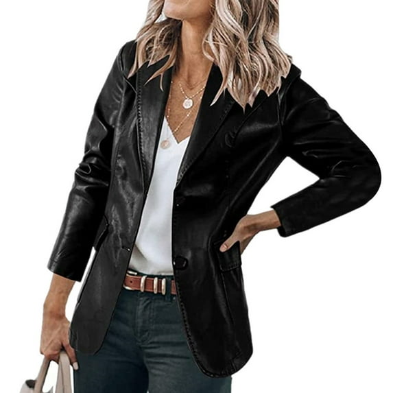 hgsbede Women's Fashion Casual Lapel Collar Button Pocket Temperament Motorcycle Jacket Leather Jacket Coat