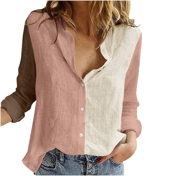 hgsbede Womens Color Block Printed Cotton Long Sleeve Career Shirts Bloues Cardigan Tops