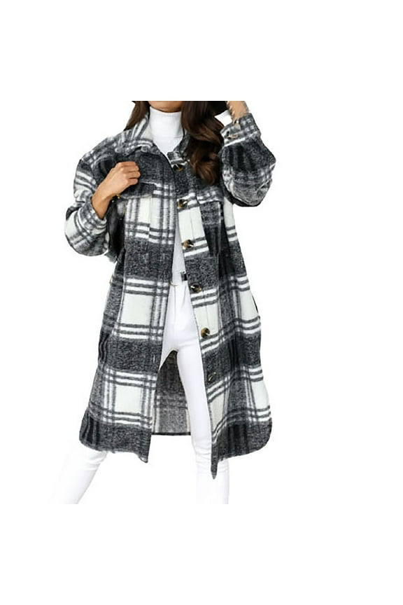 Womens Plaid Long Wool Blend Coat Shacket Jackets Long Sleeve Button Down Casual Boyfriend Flannel Shirts