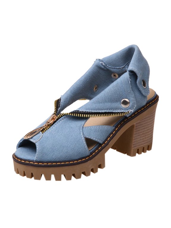 Womens Shoes Clearance Women's Cuffed Denim High Heel Sandals Thick Platform Fish Mouth Casual Shoes