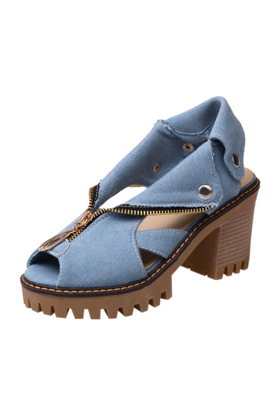 Womens Shoes Clearance Women's Cuffed Denim High Heel Sandals Thick Platform Fish Mouth Casual Shoes