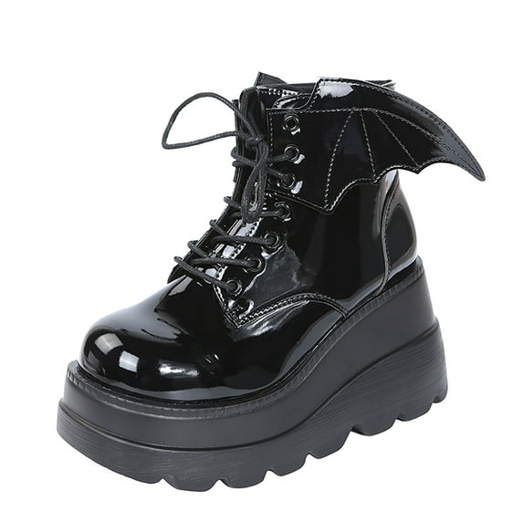 hgsbede Womens Shoes Clearance Women's Shoes Fashion Round Toe Wedge Heel Low-barrel Lace-up Patent Leather Shiny Boots