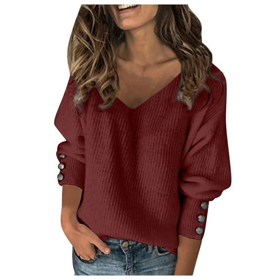 hgsbede Womens Tops Reduced Women's Turtleneck V-Neck Plus Size Knitted Jumper Sweater Long Sleeve Elegant Casual Tops