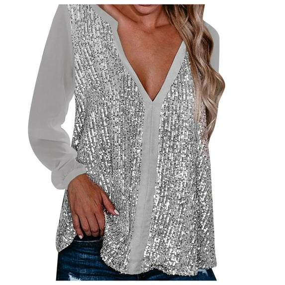 hgsbedePlus Size Tops For Women V neck Collar Sequin Color Long Sleeve Fold Navel Casual Blouse Silver M Ladies Clothing
