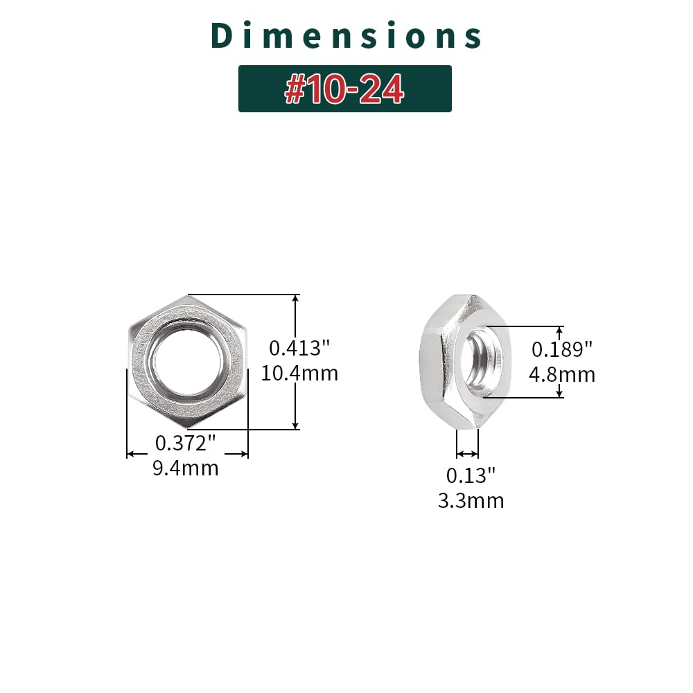 hgudesign #10-24 Hexagonal Nuts (100 pieces), 304 Stainless Steel 18/8 ...