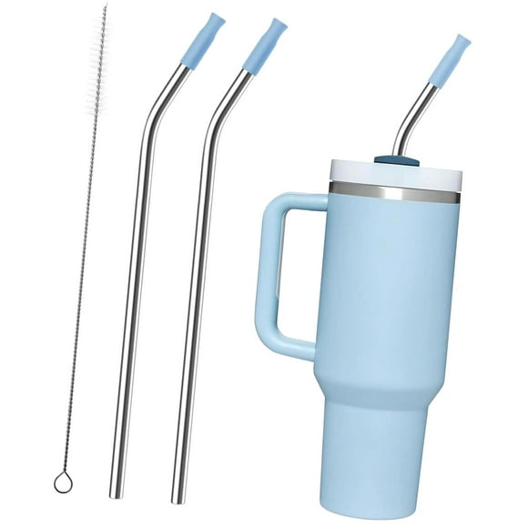 hgudesign 2 Pieces Stainless Steel Straws with Silicone Tips for 30 oz Tumbler, Metal Straws for Adventure Quencher Travel Cup (Light Blue)