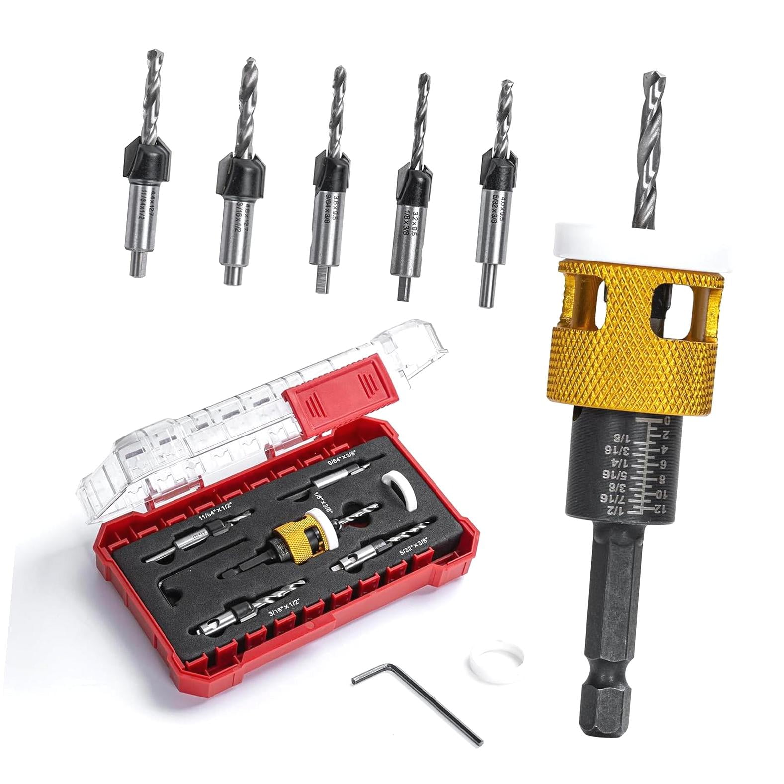 hgudesign 5 Pcs Countersink Drill Bit Set with Low Friction Depth Stop ...