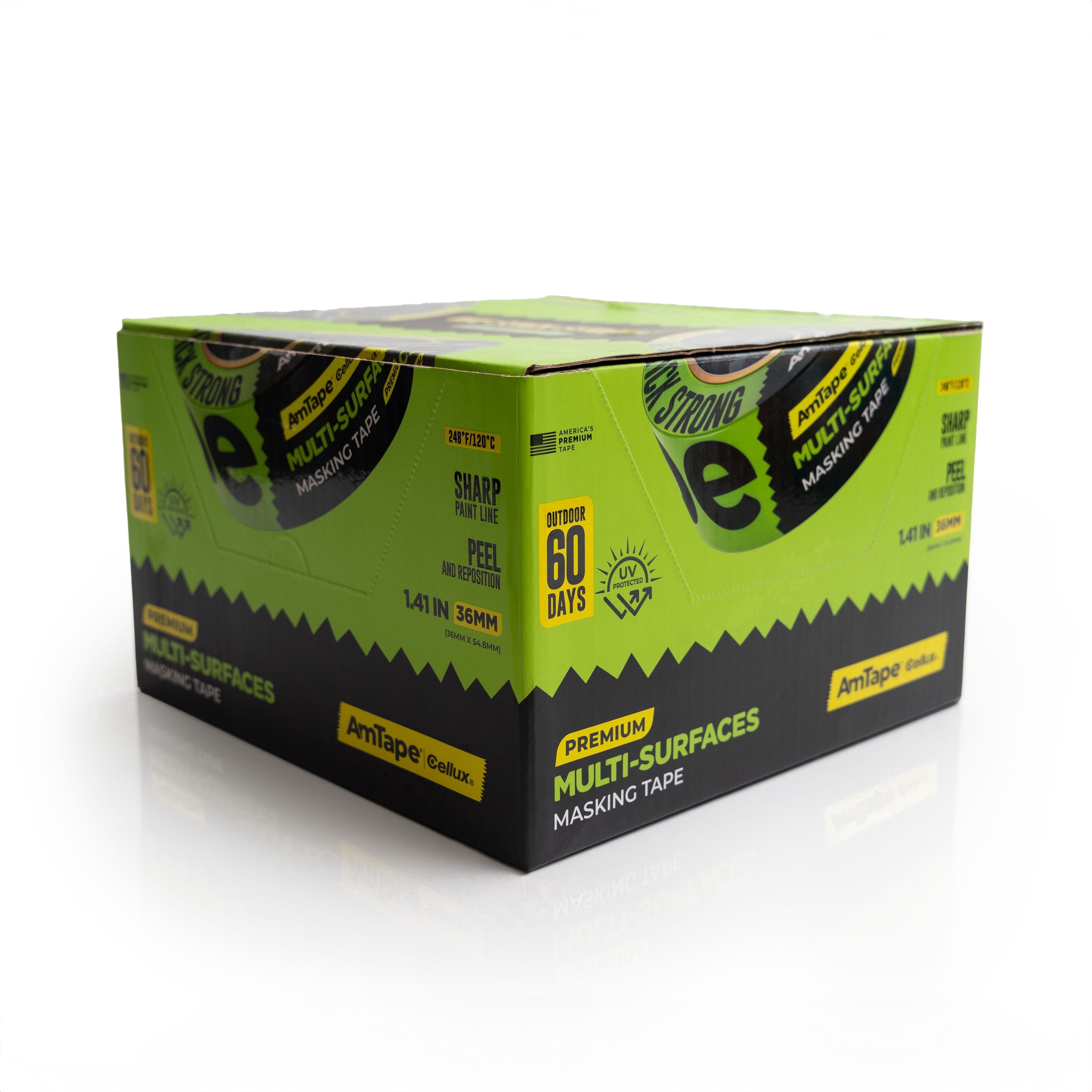 AmTape Multi-Surfaces Masking Tape, Solvent-Resistant, 60-Day Outdoor Clean Removal, Super Washi Painter’s Tape for Wood, Metal, Glass, Walls, Trim, Baseboards, Green, 2" Case 12 rollos