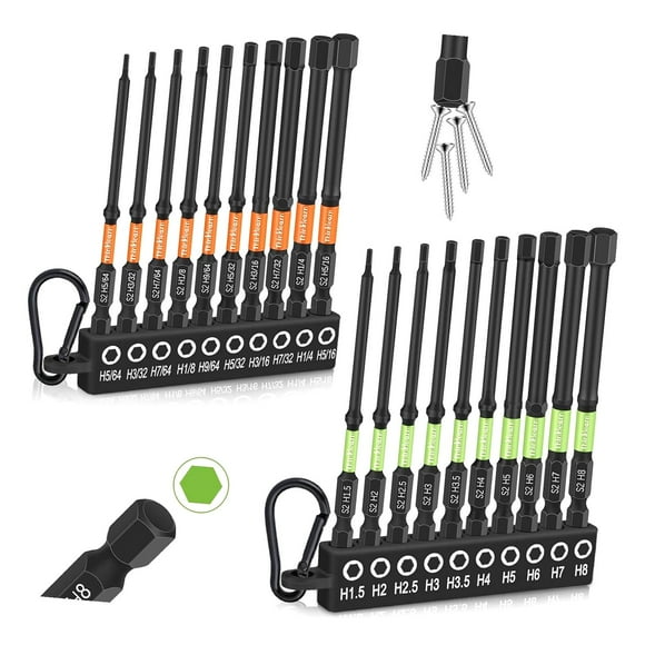 hgudesign Allen Wrench Drill Bit Set for Impact Drivers, 20PCS Hex Bit Collection (Metric&SAE), 4" Extended Allen Wrench Drill Bits, 1/4" Hex-Shank S2 Steel featuring Quick Release Bits, CNC Mach