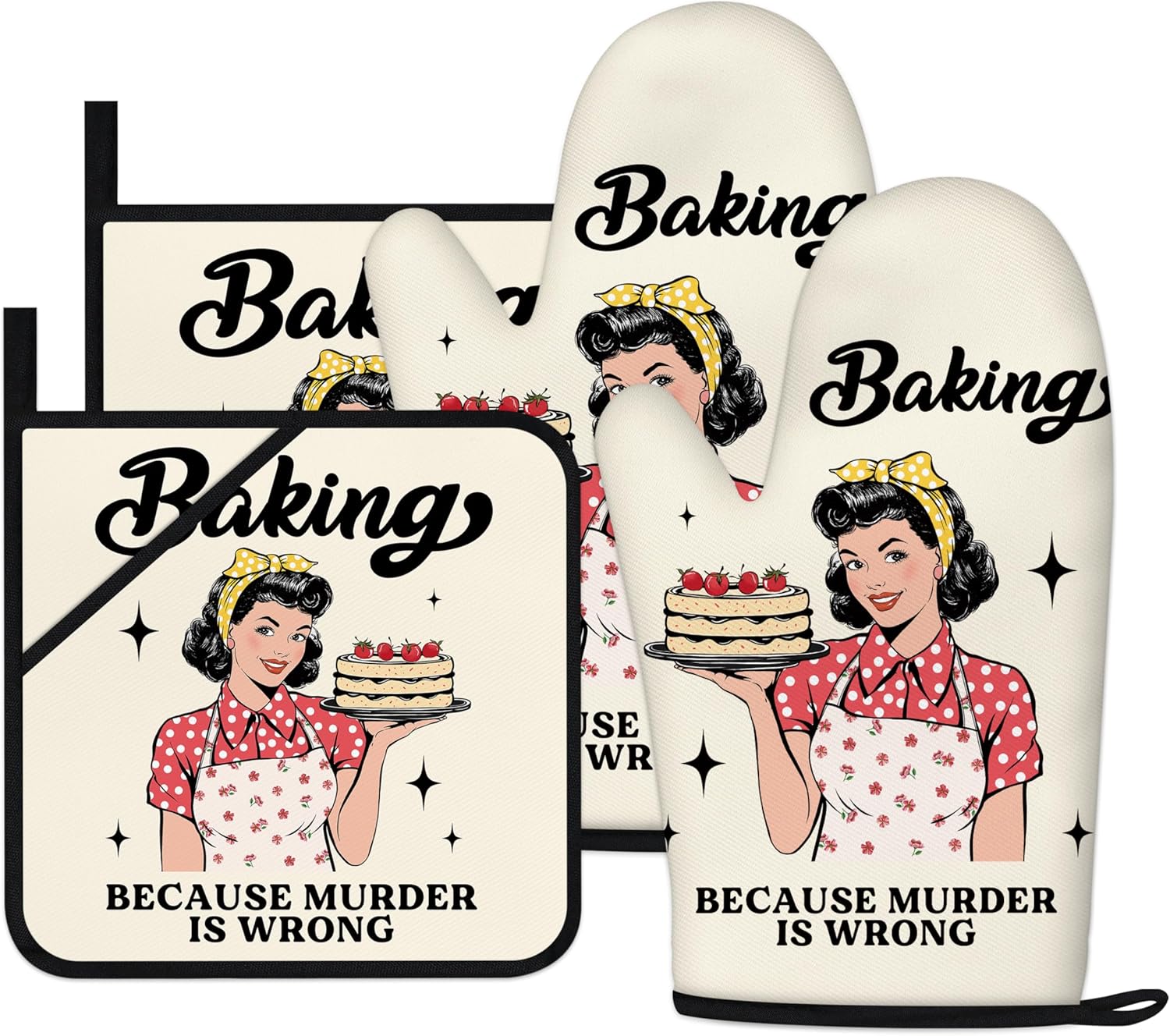 Funny Baking Oven Mitt & Pot Holder Set – "Because Murder Is Wrong" Humorous Kitchen Gift For Bakers, Moms, Chefs