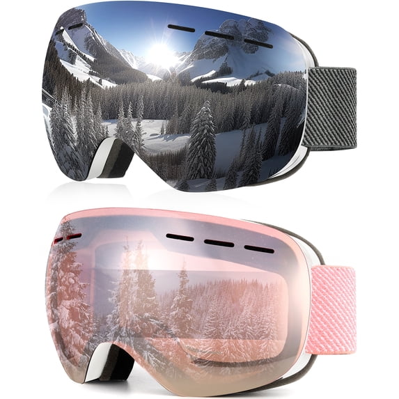 KALIYADI Ski Goggles for Men Women Youth,OTG Snow Goggles with Anti Fog and UV Protection Over Glasses 2 PCS
