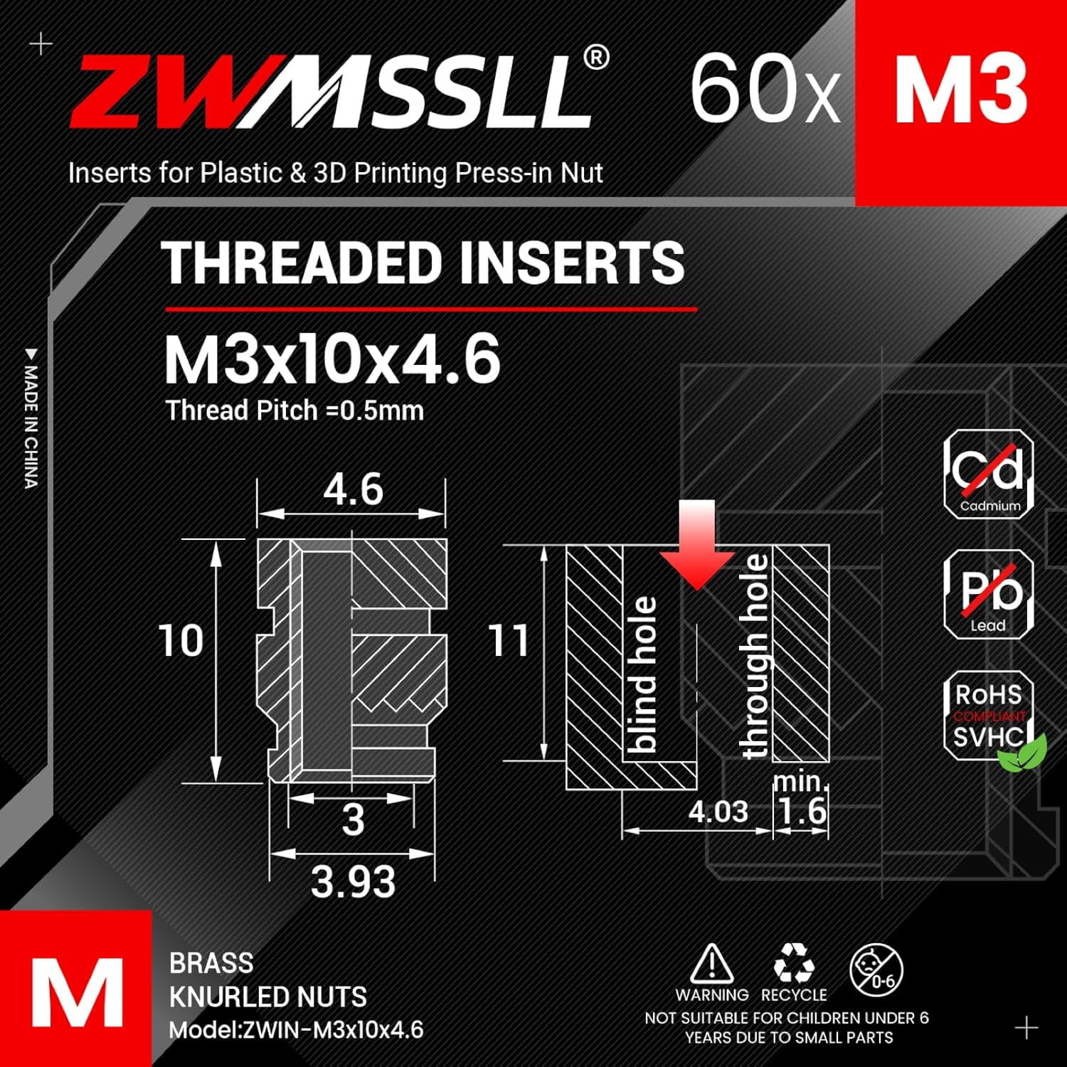 hgudesign M3 Threaded Inserts, 60 Pieces M3x10x4.6 Heat-Set Knurled ...