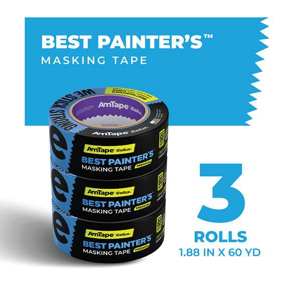 AmTape Best Painter’s Masking Tape, 2 in, 3 Rolls, Solvent & Moisture Resistant, 60-Day Clean Removal, Super Washi paper for Walls, Ceilings & Trim, Blue