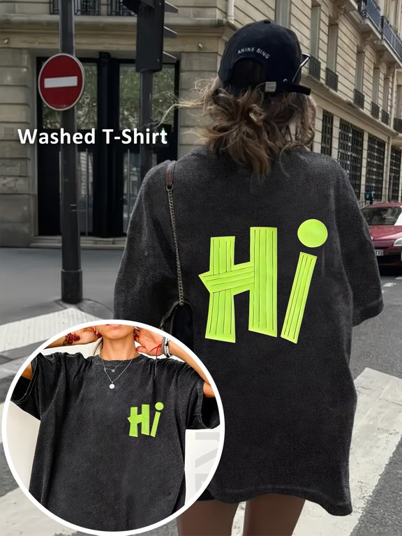 hi pattern neon green printed washed womens short sleeve suitable for spring and summer wear washed short sleeve top front and back letter prints fluorescent green pri