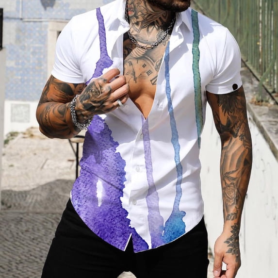 HIBRO Men Spring Summer Single Breasted Casual Lapel Full Print Beach Short Sleeve Vacation Outdoor Holiday Shirt