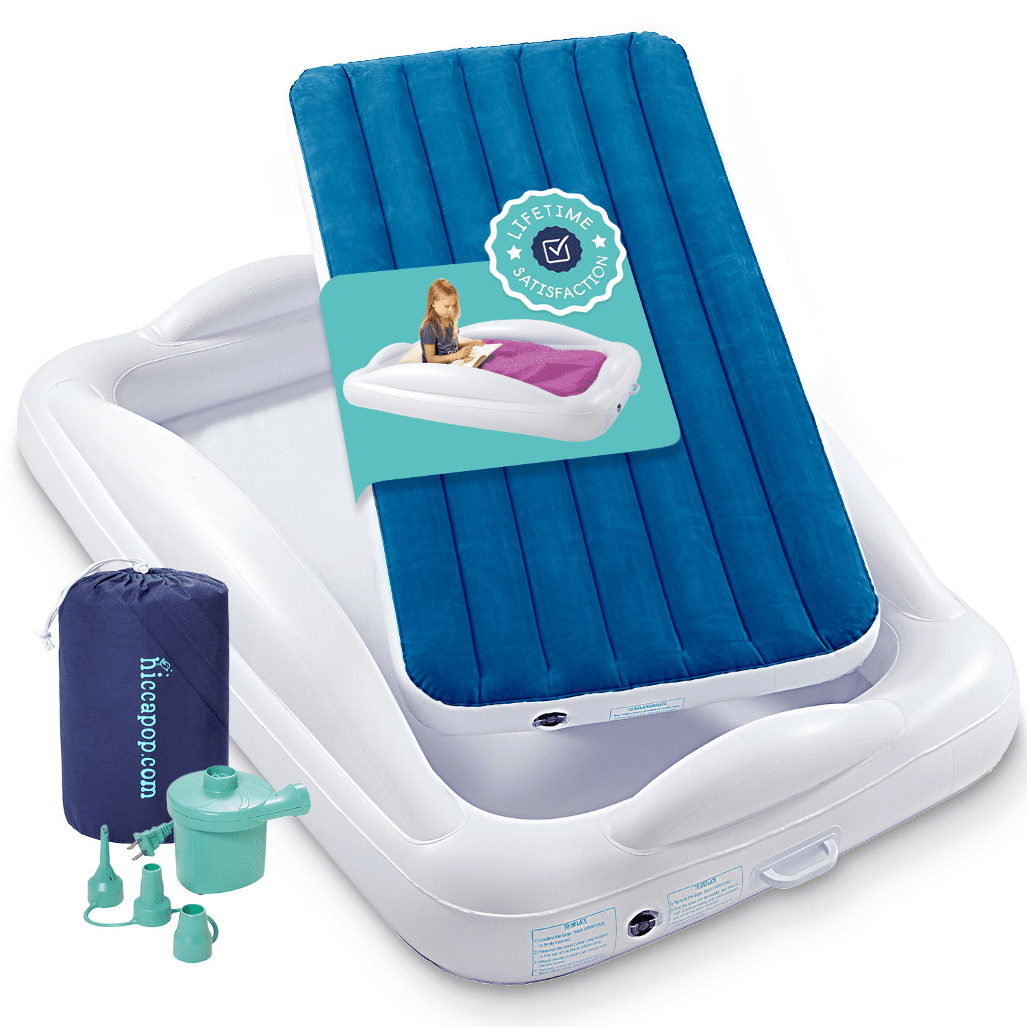 Hiccapop Inflatable Toddler Travel Bed with Safety Bumpers, 4-Sided Portable Toddler Bed for Kids, Toddler Air Mattress, Kids Air Mattress, Navy Blue