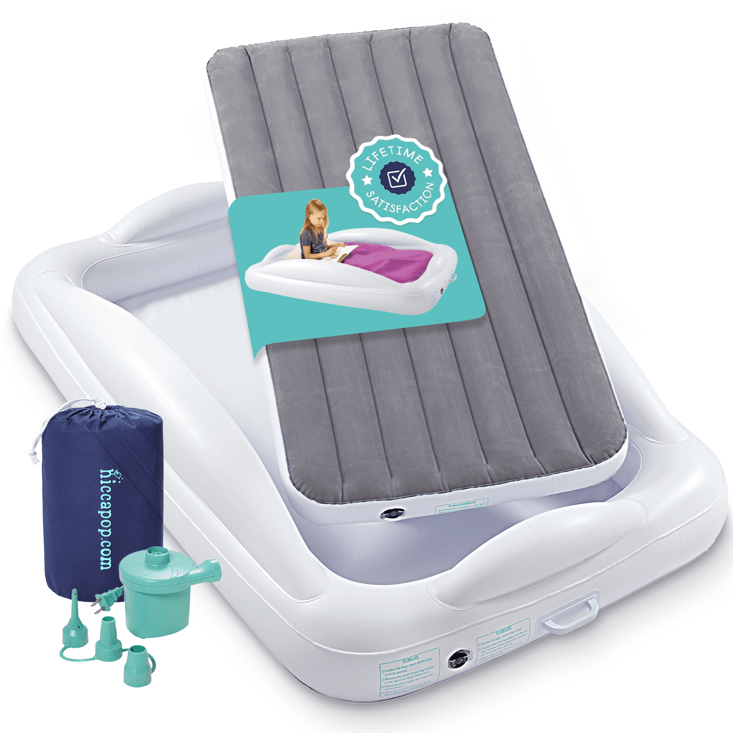 Hiccapop Inflatable Toddler Travel Bed with Safety Bumpers, 4-Sided Portable Toddler Bed for Kids, Toddler Air Mattress, Kids Air Mattress, Gray
