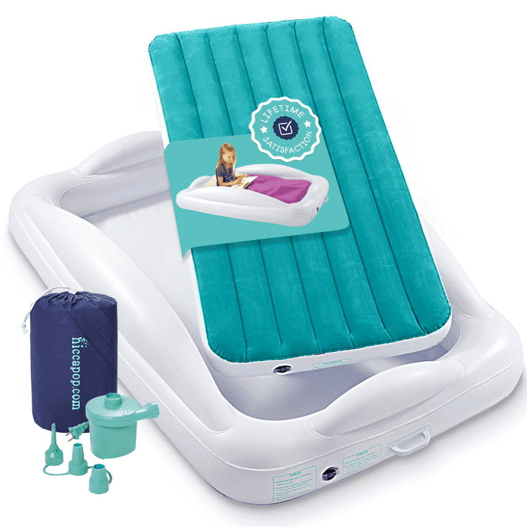 Hiccapop Inflatable Toddler Travel Bed with Safety Bumpers, 4-Sided Portable Toddler Bed for Kids, Toddler Air Mattress, Kids Air Mattress, Teal Blue