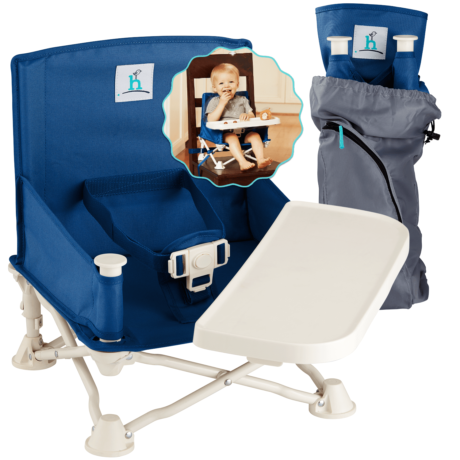 Hiccapop OmniBoost Travel Booster Chair with Tray, Folding Portable Booster Seat for Dining Table, Camping, Beach, Grandma’s, Tip-Free Design, Blue