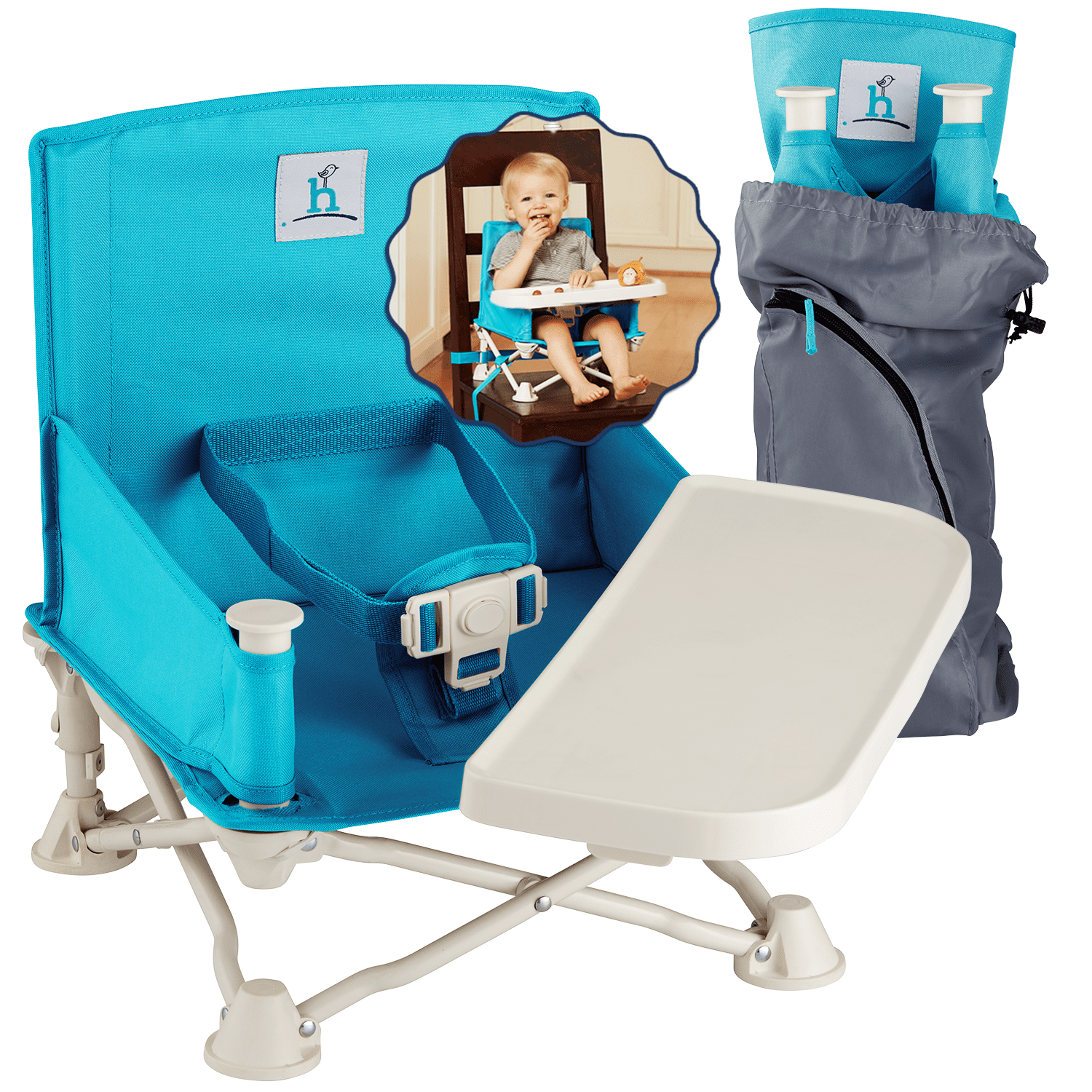 Hiccapop OmniBoost Travel Booster Chair with Tray, Folding Portable Booster Seat for Dining Table, Camping, Beach, Grandma’s, Tip-Free Design, Blue