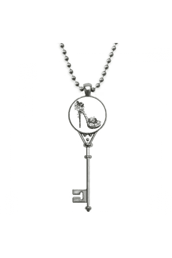 high heels shoes flower pattern pendant vintage necklsilver key jewelry