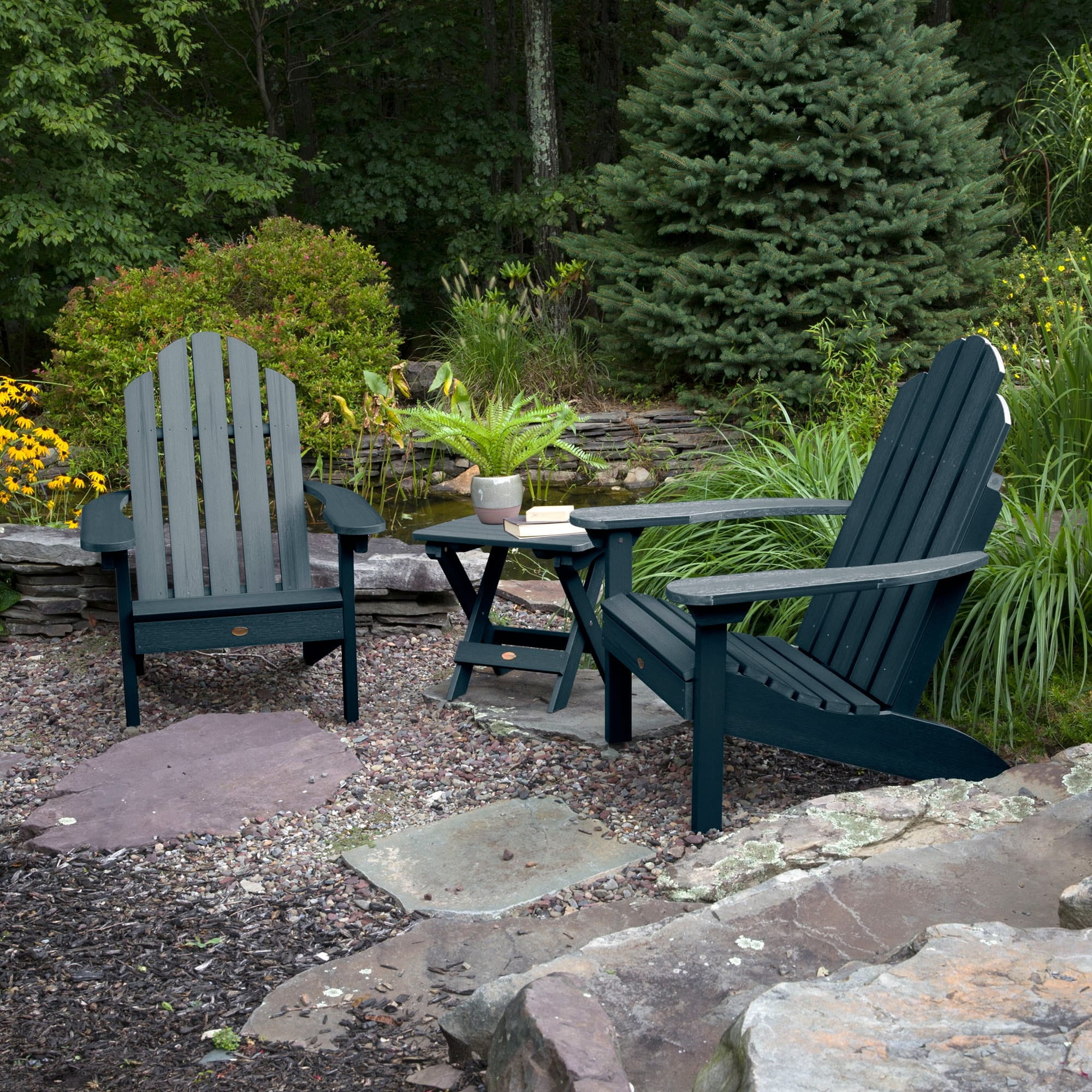 highwood 3 Piece Set Outdoor Adirondack Chairs and Folding Side Table Federal Blue