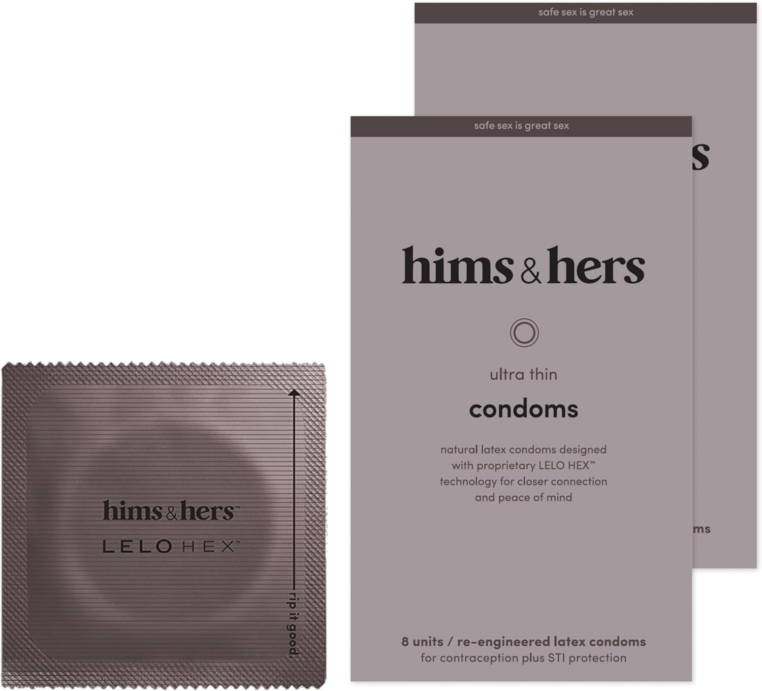hims & hers Ultra-Thin Condoms for Maximum Sensitivity - Unique Hexagon Shape for a Stronger and Barely-There Feeling - Lightly Lubricated Natural Latex Condoms - 1 Pack (8 count)