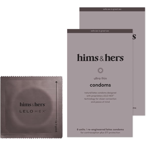 hims & hers Ultra-Thin Condoms for Maximum Sensitivity - Unique Hexagon Shape for a Stronger and Barely-There Feeling - Lightly Lubricated Natural Latex Condoms - 1 Pack (8 count)