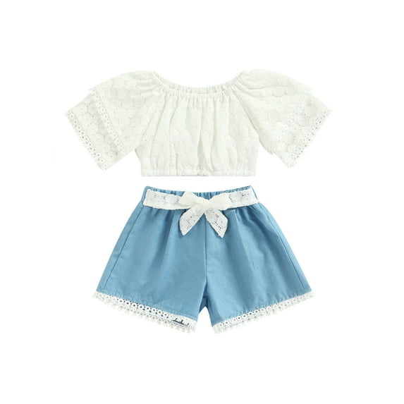 hirigin 2 Pcs Infant Casual Outfits, Girls Short Sleeve Round Neck Lace T-shirt + Contrast Color Shorts