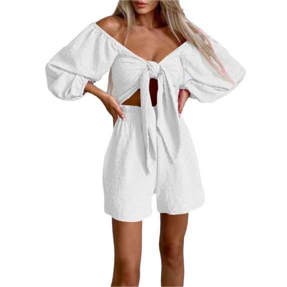 hirigin 2 Piece Outfits for Women Sexy Tie Front Solid Color Off-Shoulder Sleeve Crop Top and Shorts Set Beach Outfit
