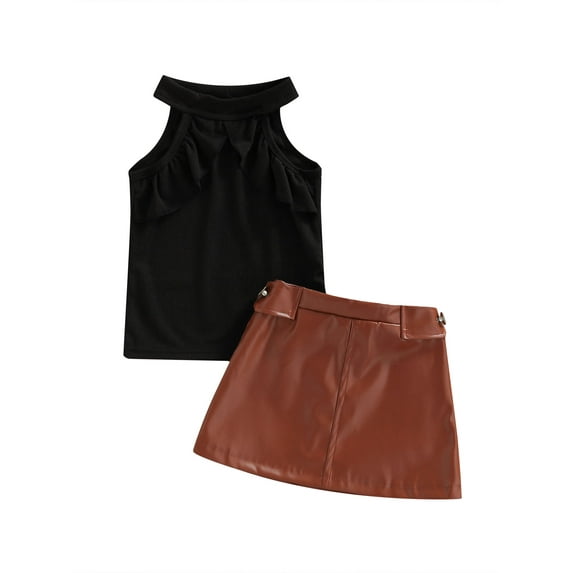 hirigin 2 Pieces Girls Suit Set, Solid Color Round Neck Sleeveless Ribbed Tops+ Leather Skirt for Summer, 6 Months-5 Years