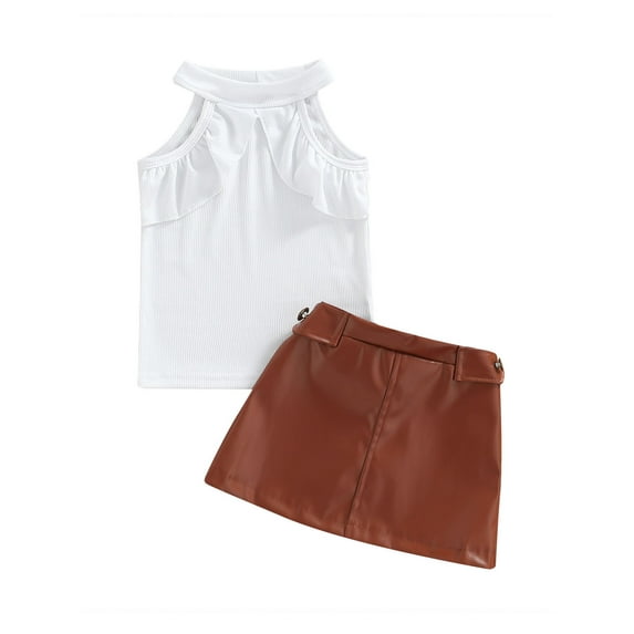 hirigin 2 Pieces Girls Suit Set, Solid Color Round Neck Sleeveless Ribbed Tops+ Leather Skirt for Summer, 6 Months-5 Years