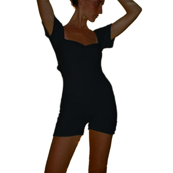 hirigin 2022 New Summer Bodycon Playsuits Women Short Sleeve Low-Cut Square Neck Back Cutout Casual Stretchy Short Rompers