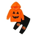 thumbnail image 1 of hirigin 2Pcs Halloween Baby Girls Boys Outfit, Toddlers Wry Face Long Sleeve Hooded Hoodie Tops + Pumpkin Printing Long Pants Set, 1 of 9