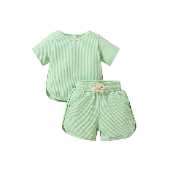 hirigin 2Pcs Toddler Summer Ribbed Outfit, Solid Color Short Sleeve T-Shirt + Drawstring Shorts for Girls, Boys, 6 Months to 4 Years