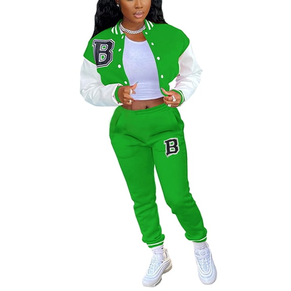 hirigin 2Pcs Women Fall Tracksuit, Letter Embroidery Long Sleeve Snaps Short Jacket + Casual Pants Set, S/M/L/XL/XXL