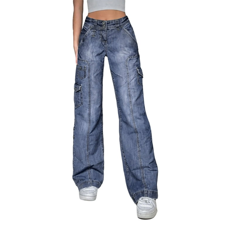 hirigin 90s Vintage Cargo Jeans High Waist Wide Leg Baggy Mom Denim Pants  Women Fashion Pockets Harajuku Oversized Long Trousers